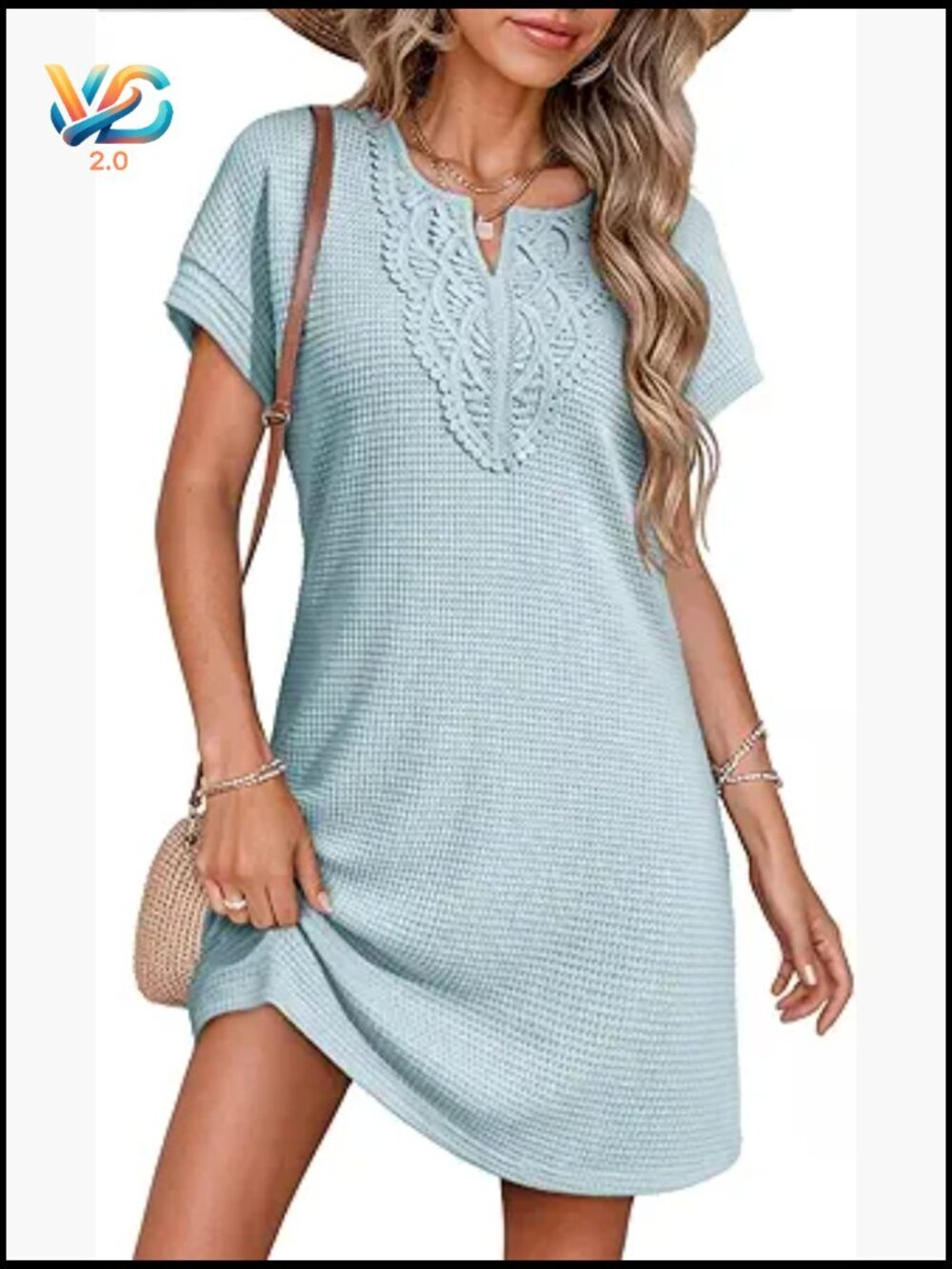 Crochet Dress Waffle Knit Embroidered V Neck Short Sleeve Beach Coverup
